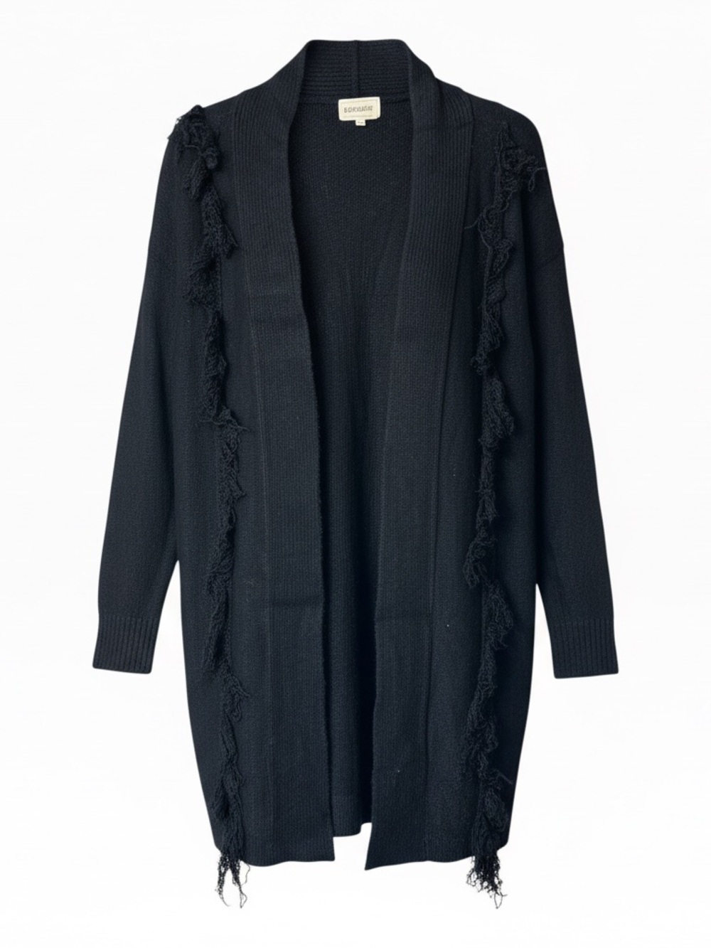 Oversized Black Open-Front Fringe Trim Sweater Cardigan